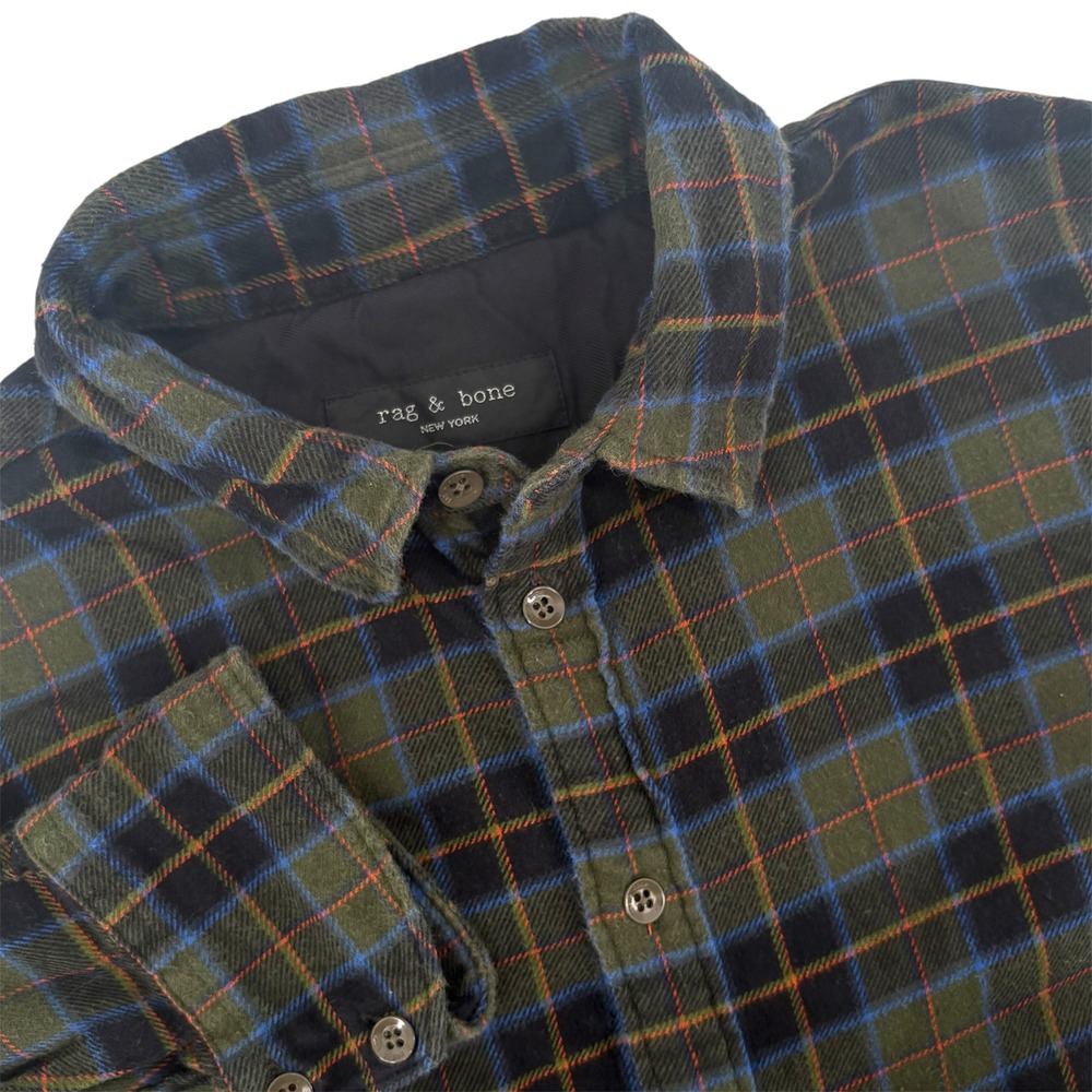Rag & Bone Mens XL Plaid Flannel Button Down Shirt Green Navy Blue Long Sleeve